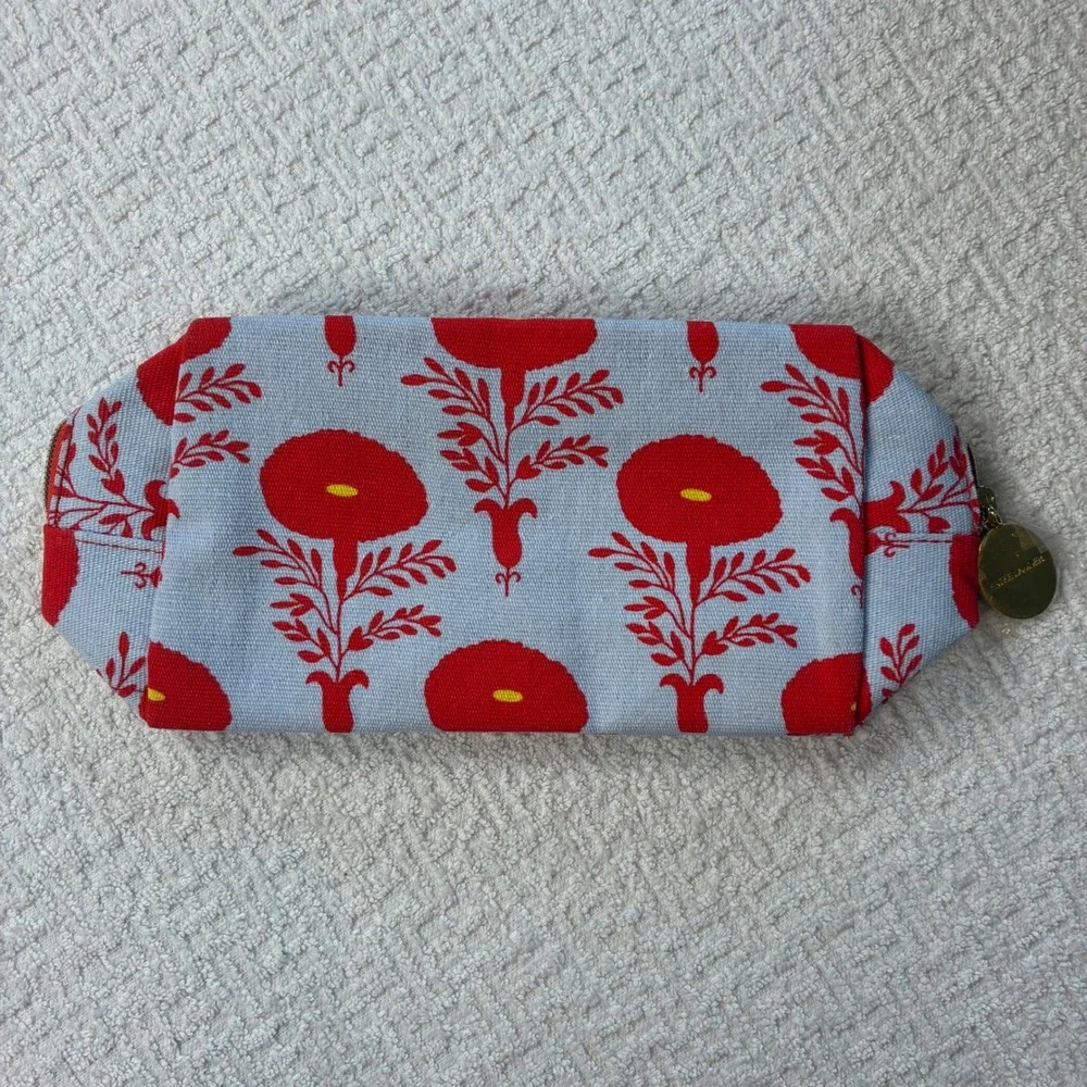 Estee Lauder Red Floral Recycled Canvas Makeup Bag Gold Flower Charm Pouch